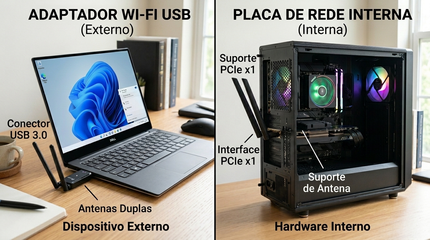 Adaptador Wi-Fi USB ou placa de rede interna: o gargalo invisível que pode estar travando seu Wi-Fi