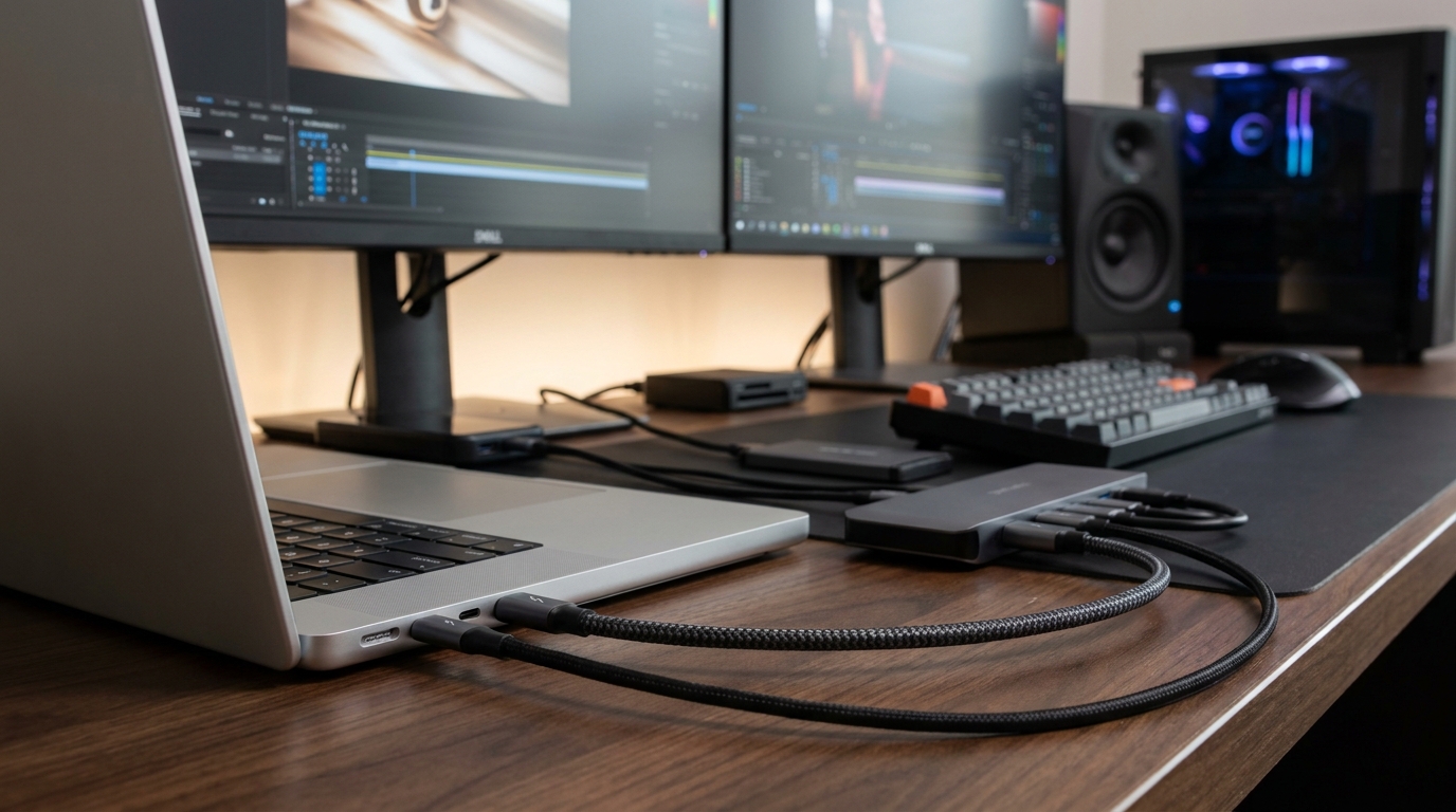 A porta que parece USB-C mas não é: o que é Thunderbolt e por que isso muda tudo no seu setup